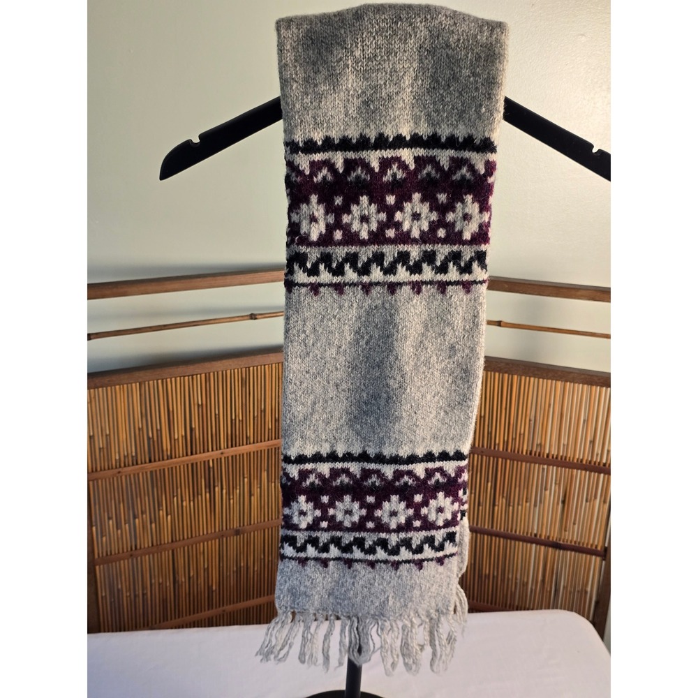 Vintage Knit Wool Blend Fair Isle Scarf Grey Burgundy Geometric Fringed USA